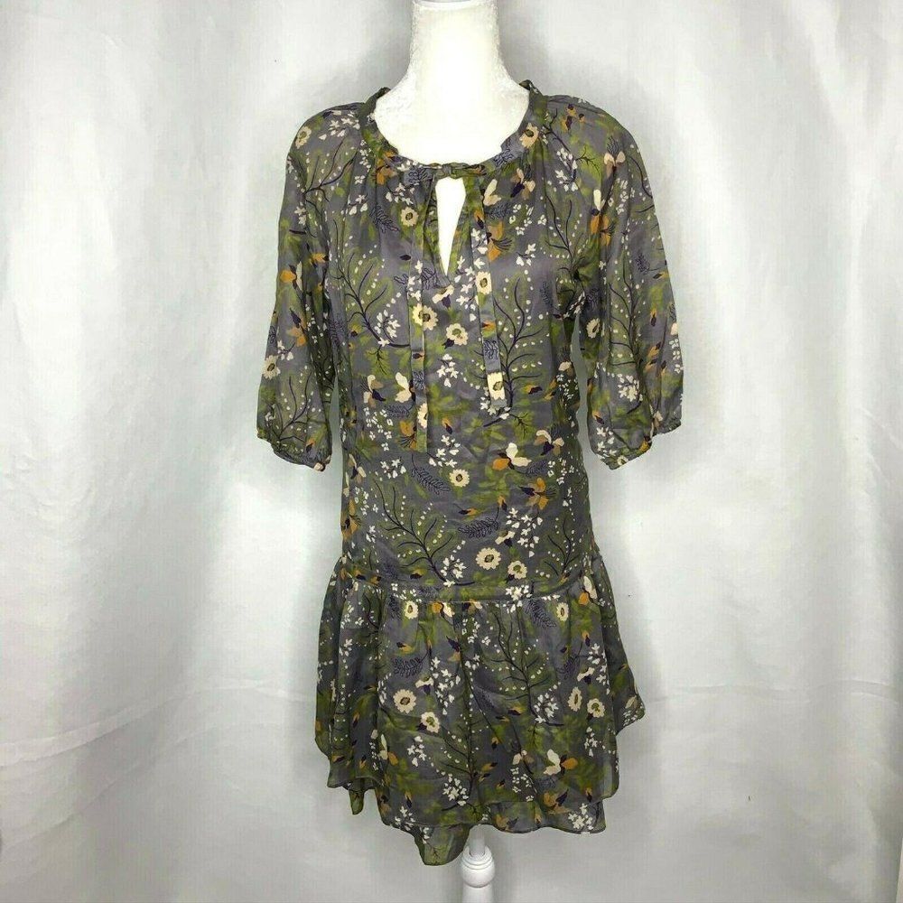 Gap Floral Shift Dress S Grey 3/4 Sleeves Tie Keyhole Neck Lined Tiered Ruffle - Picture 2 of 8